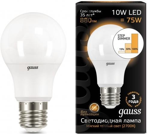 Лампа  A60 10W 880lm 3000K E27 шаг. диммирование LED