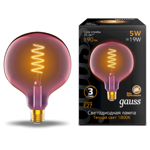Лампа Filament G125 5W 190lm 1800К Е27 pink flexible LED